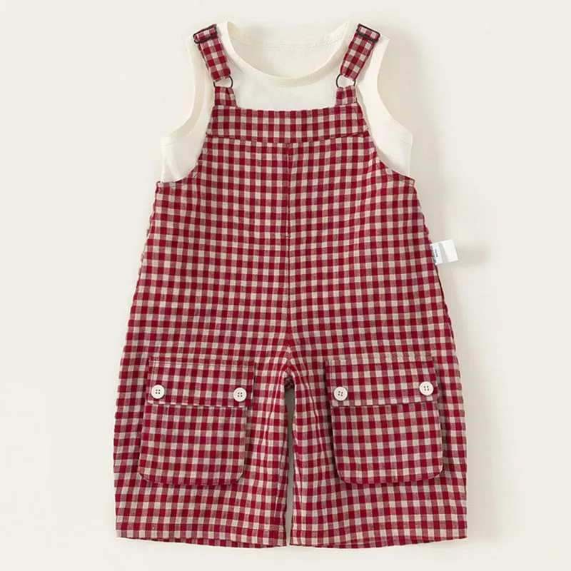 

2Piece 2025 Summer Toddler Girl Clothes Korean Fashion Red Plaid Sleeveless Cotton Baby Tops+Loose Overalls Children's Sets B094