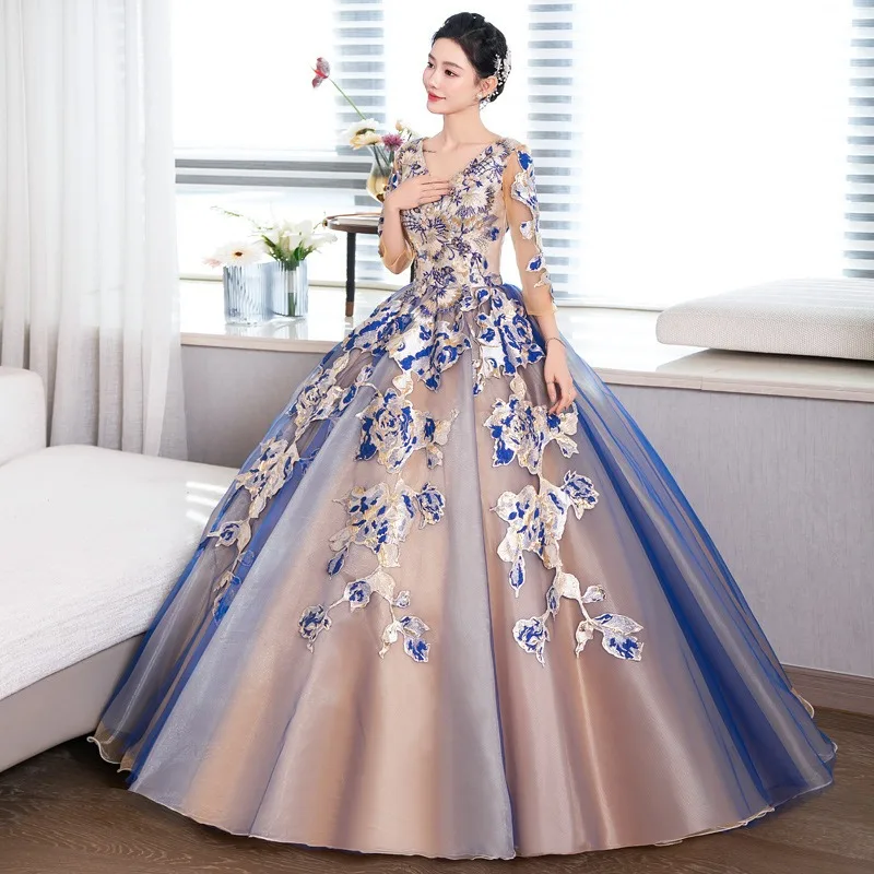 2025 Nuevo vestido de novia bordado colorido para mujer, vestido de noche, puesta en escena con sonido de moda, examen de arte, falda con colgante grande