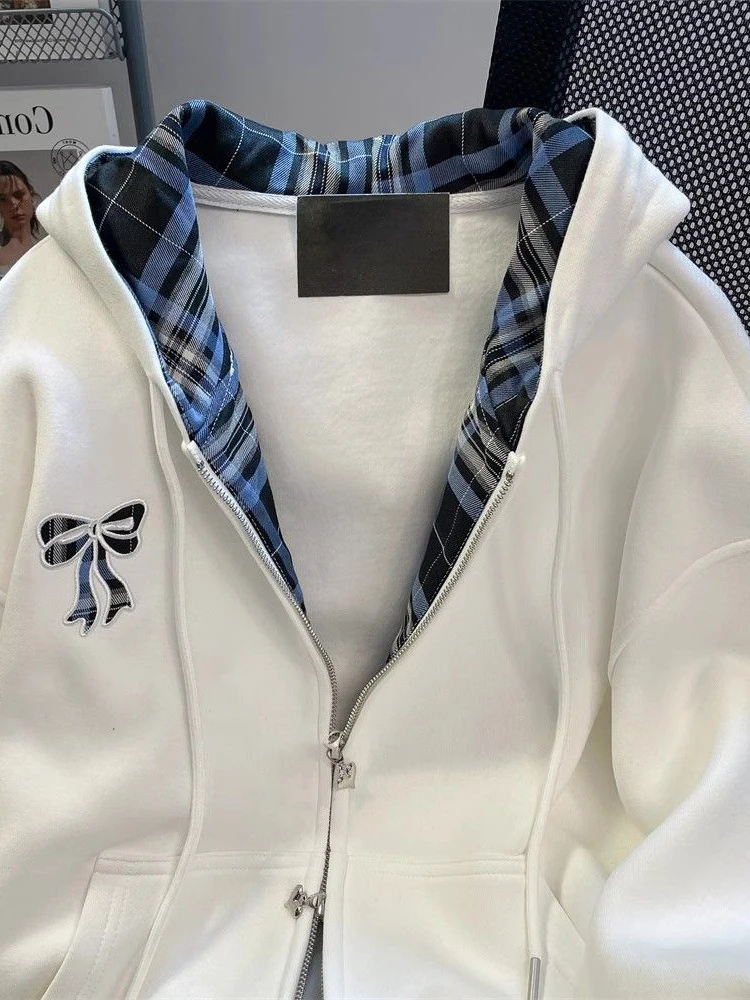 Zoki Vintage Bow American Hoodies Women Loose Plaid Patchwork Sweatshirts Retro Long Sleeve Loose Embroidery Bf Preppy Style Top