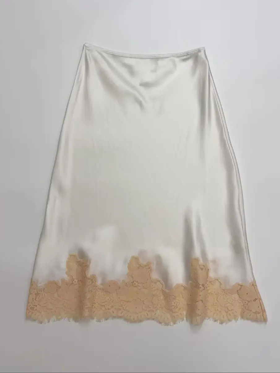 Lace Patchwork Ladies Silk Midi Skirt Elastic Waist A-Line Fashion Female Jupe