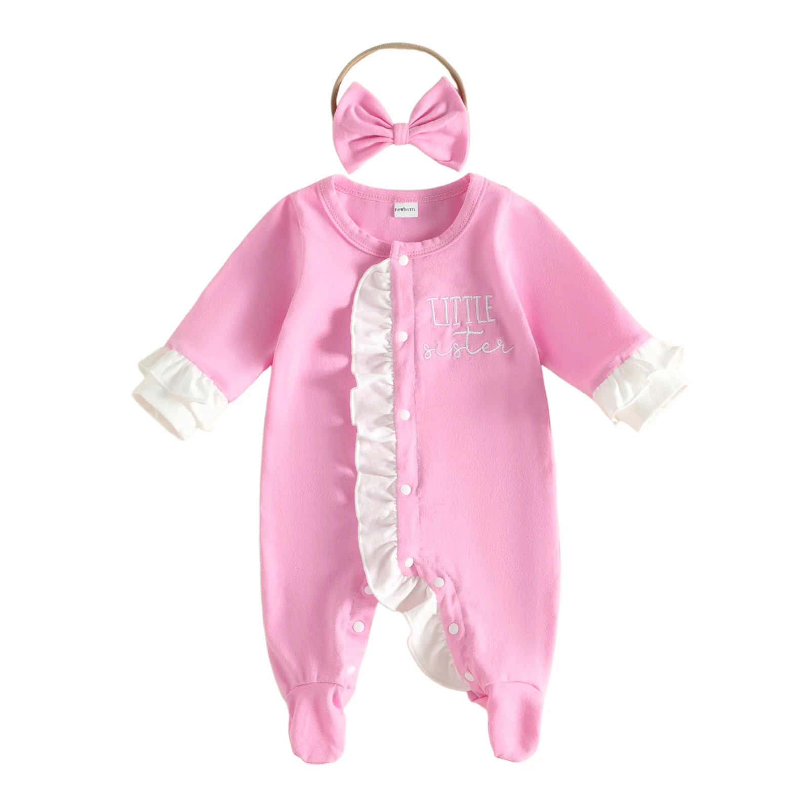 Baby Girl Footies Letter Embroidery Crew Neck Fall Romper and Headband