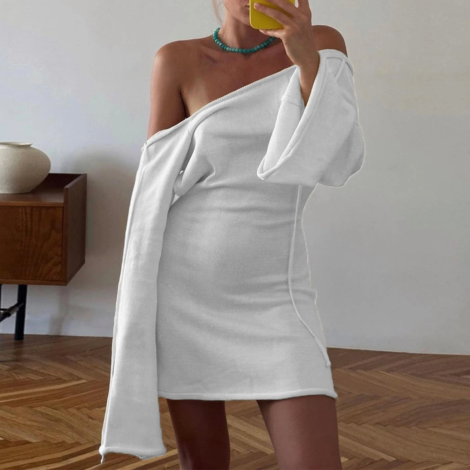 Vestido de punto con espalda descubierta para mujer, ropa de playa de Color sólido, manga larga, minivestido con espalda descubierta para Club, ropa