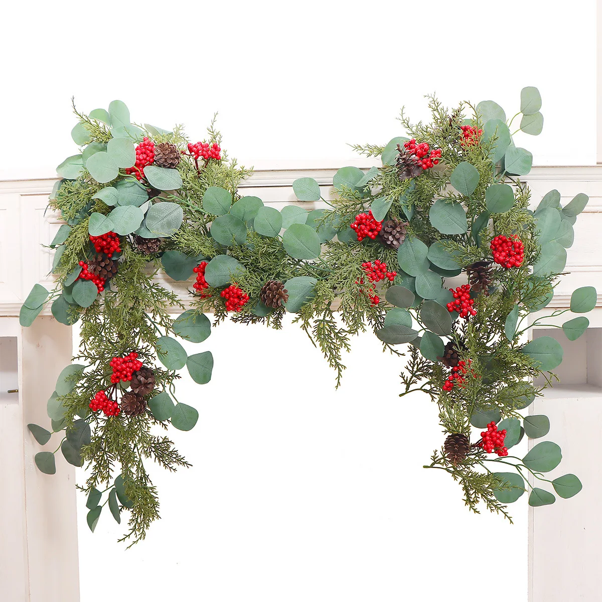 2M Christmas Decorative Garland Artificial Decorative Plants Red Berries Pine Cones Vine Wedding Garden Fireplace Ornament Gift