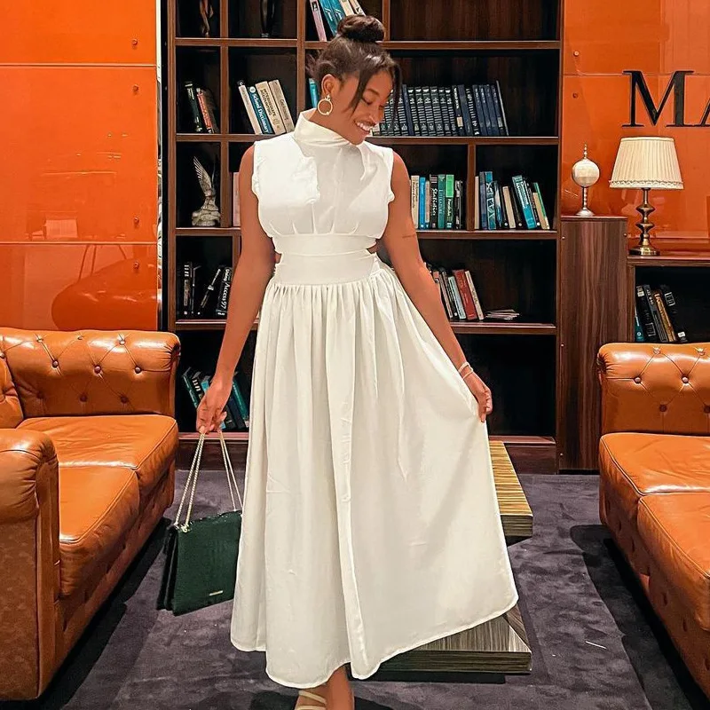 

2024 women's dress new white French fashion semi-turtleneck elegant waist dress women