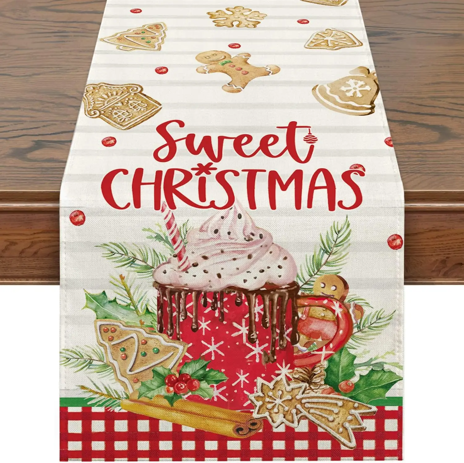 Christmas Gingerbread Ice Cream Linen Table Runner Party Decor Reusable Xmas Holiday Dining Table Runners Christmas Decorations