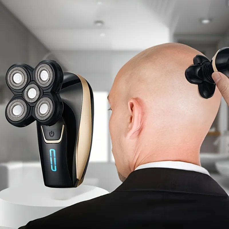 Men'S USB Rechargeable 6-Blade Head Shaver: Digital Display, Portable, Easy Bald Look at Home - Suitable Gift Choice Or Personal Use