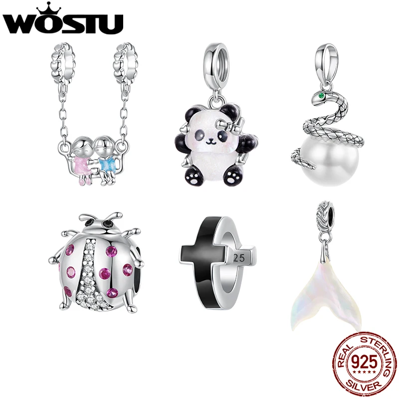 

WOSTU 2025 New 925 Sterling Silver Pink Ladybug Charm Black Panda Bear Pendant Snake Pearl Bead Fir Original Bracelet DIY Gift