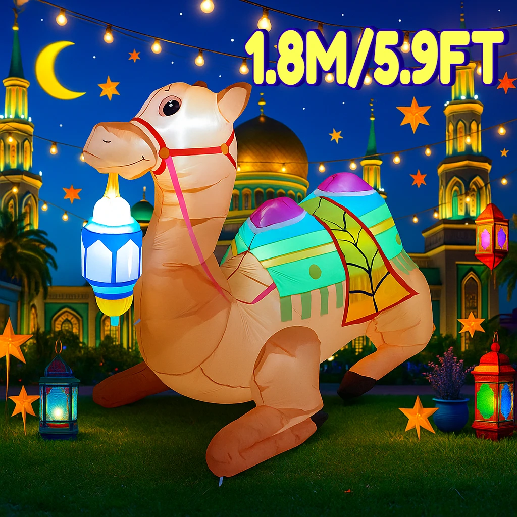 Juguete inflable de 1,8 M/5,9 pies, Festival musulmán de Ramadán, decoración DIY, vacaciones, Eid, camello musulmán, patio, luz LED para exteriores, adorno de regalo