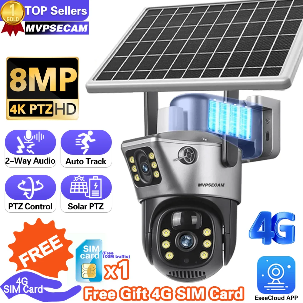 

4K 8MP Solar Battery PTZ Cameras Card Dual Lens Dual Screen Outdoor Security Protection PIR Auto Tracking CCTV Free Gift 4G Sim