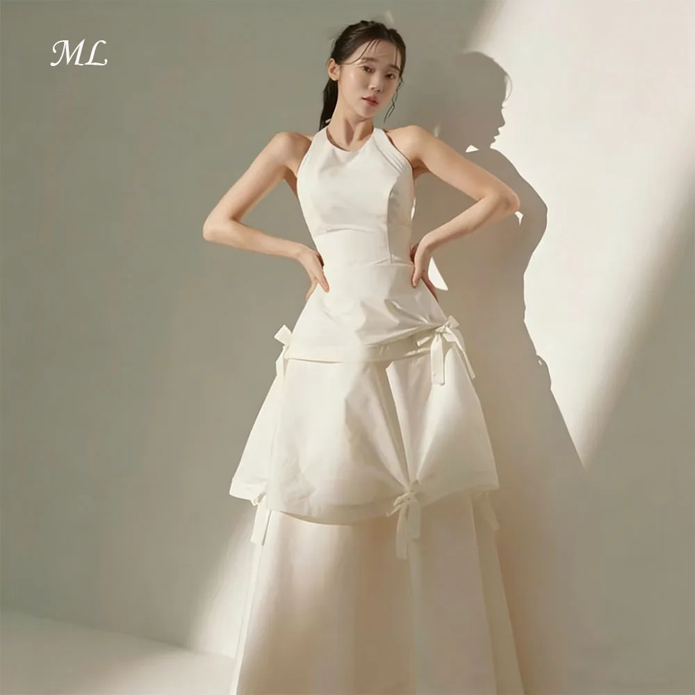 

ML Elegant Taffeta Korean Wedding Dress O-Neck Sleeveless Tiered Bow Party Gown for Bride Customized Self-Wedding Prom Gown
