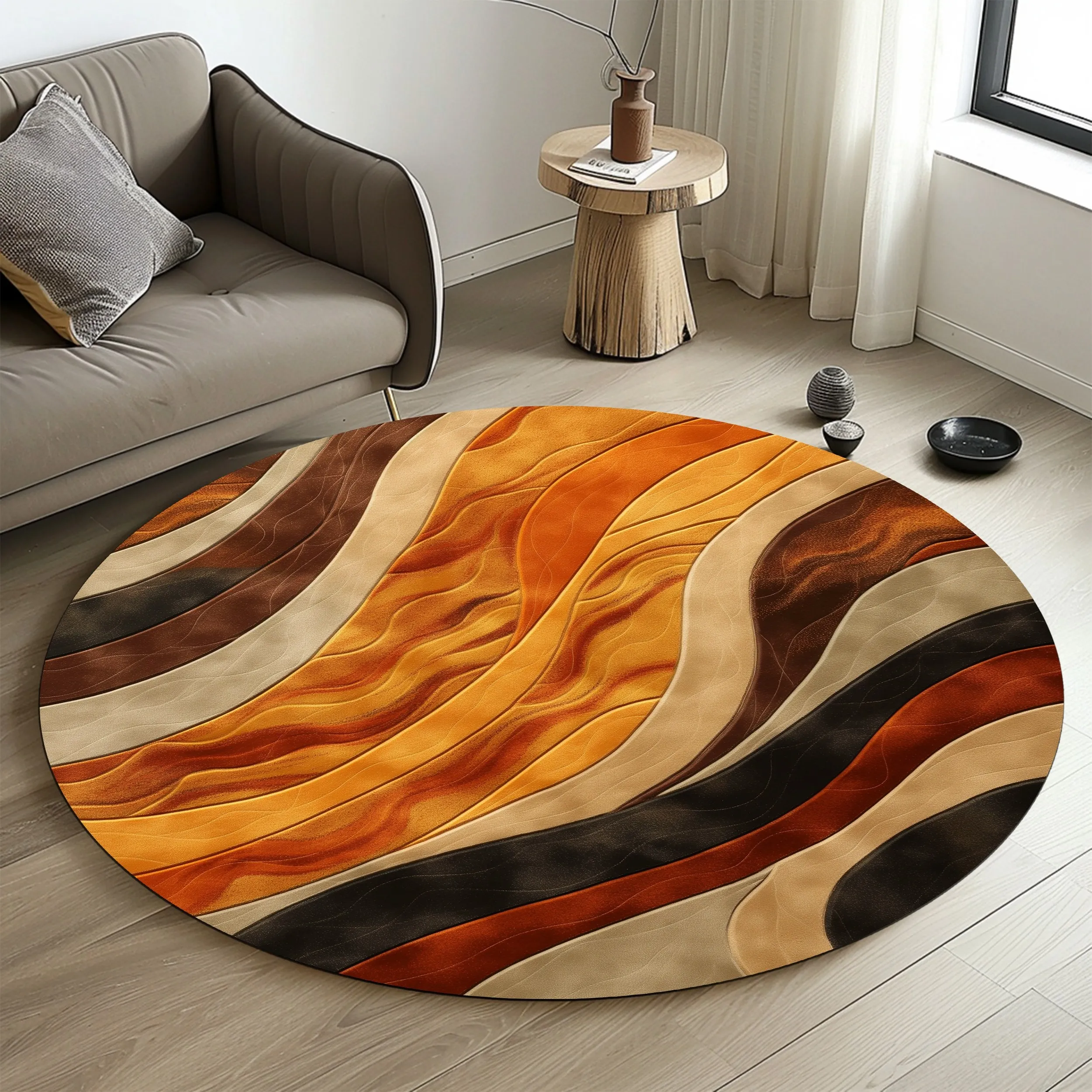 Abstract Wave Pattern Round Rug Flannel Soft Non Slip Floor Mat for Living Room Bedroom Modern Decor Home Accent Carpet Area Rug