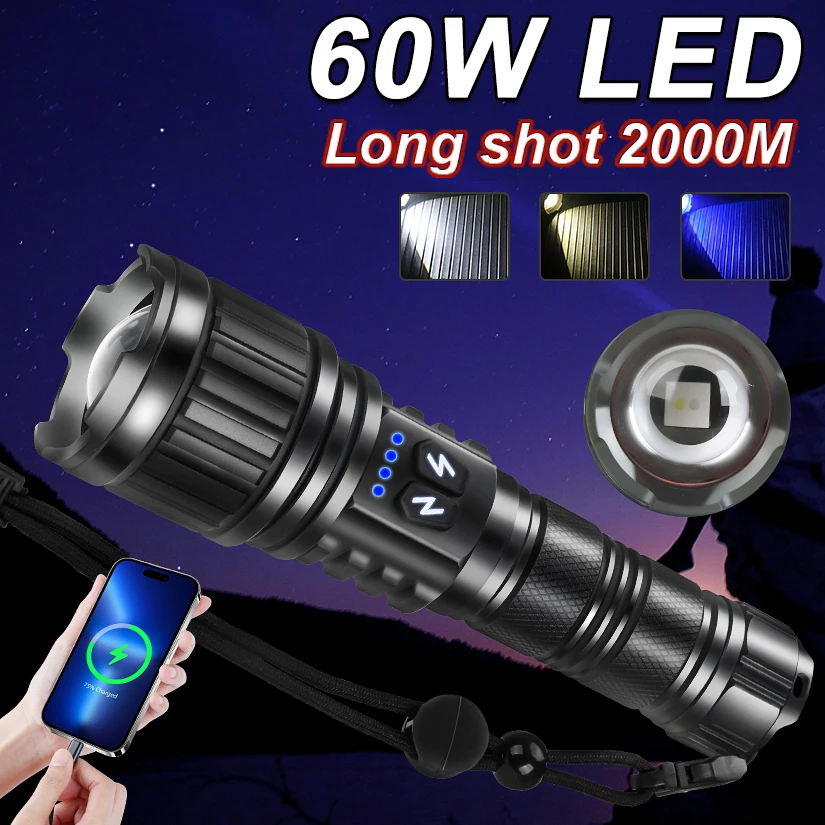 

Powerful 60W LED Flashlight Super Bright Long Range Tactical Flashlight Outdoor Waterproof Flashlight Camping Lantern Torch