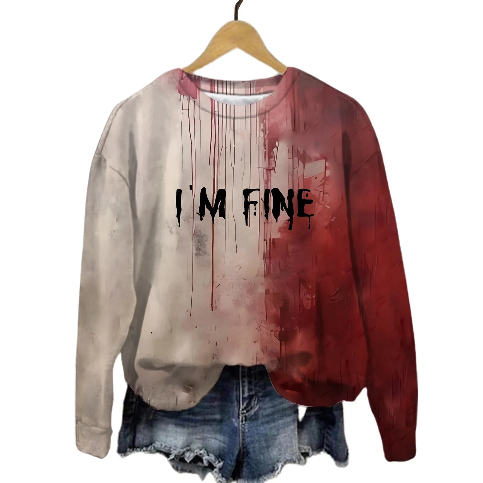 

2024 Halloween Sweatshirt Blood Splatter Print Party Pullovers Tops Round Neck Long Sleeve Bloody Hoodies Ropa De Mujer