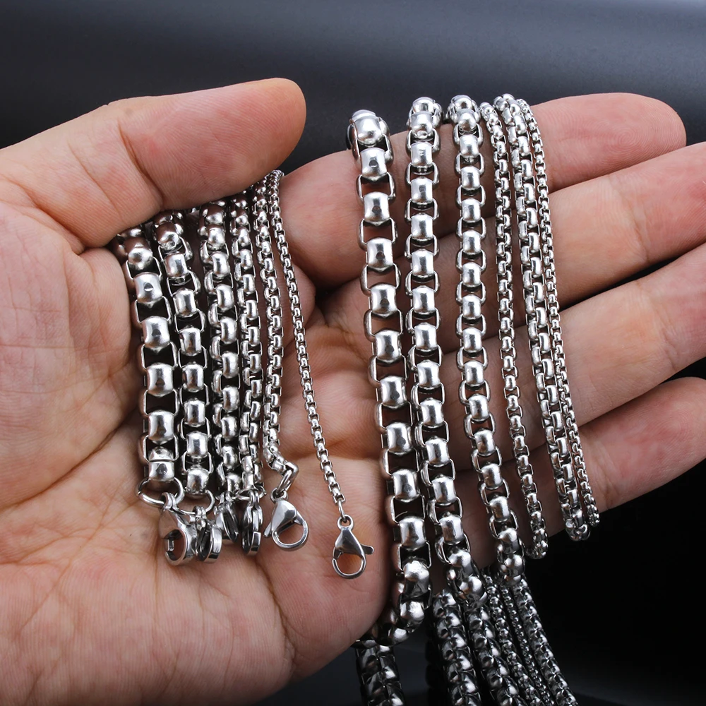 2-7mm （14-39.4inch) Round Box Chain Necklace Stainless Steel Basic Punk Thick Chains Jewelry Gift for Men Women Wholesale