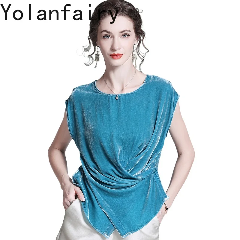 YOLANFAIRY High-end Mulberry Silk Velvet Blouse for Woman Elegant Sleeveless T Shirts Female Fashion Blue Tee Shirt Tops Blouses