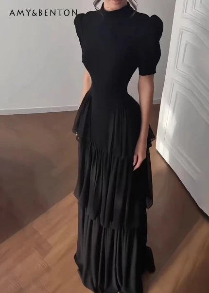 

2026 Summer French Vacation Style Women's Black Half Turtleneck High Waist Loose Daily Thin Long Multi-layer Dress