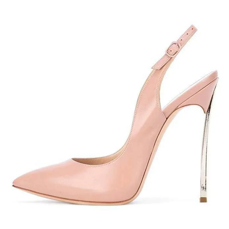 Spring and autumn new pointed shallow leather sexy shoes metal thin high-heeled banquet dress customized large-size women sandal