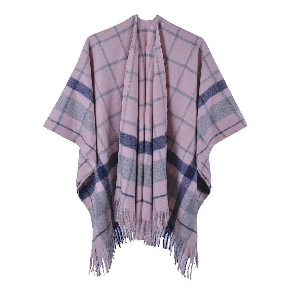 Autumn Winter Checked Scarf Shawl Tassels Imitation Cashmere Wear Both Sides Shawl Women Poncho Lady Capes Purple Cloaks