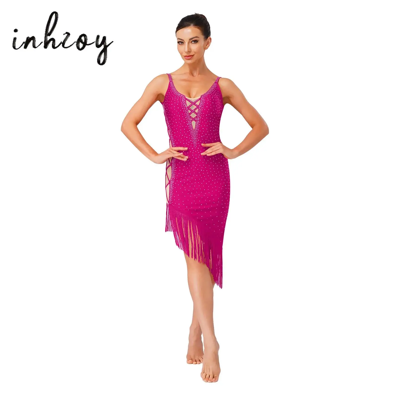 

Womens Tassel Latin Dance Dress Glitter Rhinestone Lace-up Irregular Fringe Cami Dress for Salsa Samba Rumba Cha-cha Ballroom