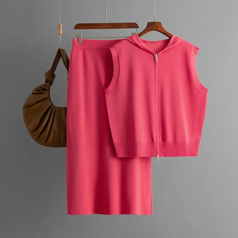 

Women's Outftis Summer Knitted Skirts 2 Pieces Set Basic Hooded Sweater Cardigan Sleeveless Zipper Elastic Waist Midi Skirt Sets