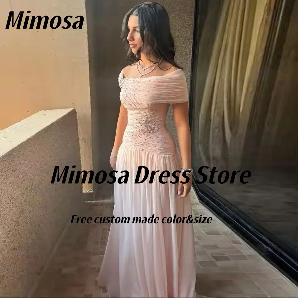 

Mimosa Vestidos платья для выпускного вечера с открытыми плечами и молнией сзади вечернее платье с рюшами из бисера шифоновый халат Des Soiree по индивидуальному заказу