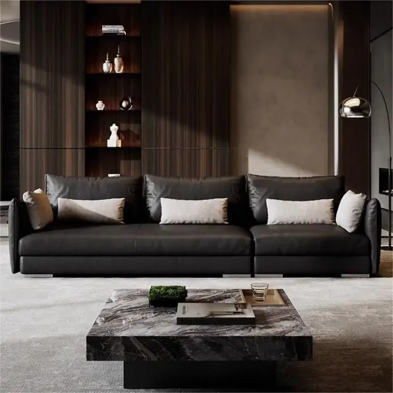 Italian retro leather sofa Top layer cowhide medium antique black living room designer leather art sofa combination