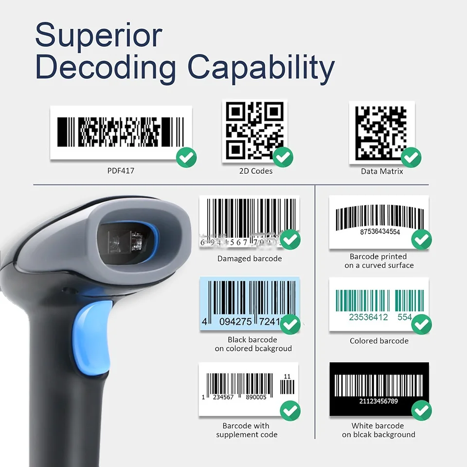 Wireless 1D 2D QR Barcode Scanner with Battery Level Indicator USB Digital Printed Bar Code Reader Plug Play Cordless Handheld