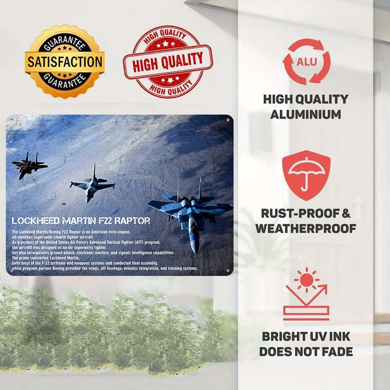 F-22 Raptor Fighter Jet Personalized 3D Textured Metal Poster Wall Art Tinplate Sign for Vintage Decor Room Decorating Interior