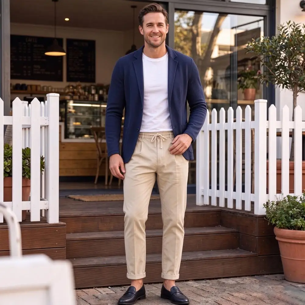 Comfortable Daily Wear Pants Men's Relaxed Fit Trousers Breathable Straight Leg Dress Pants Drawstring Office for Business
