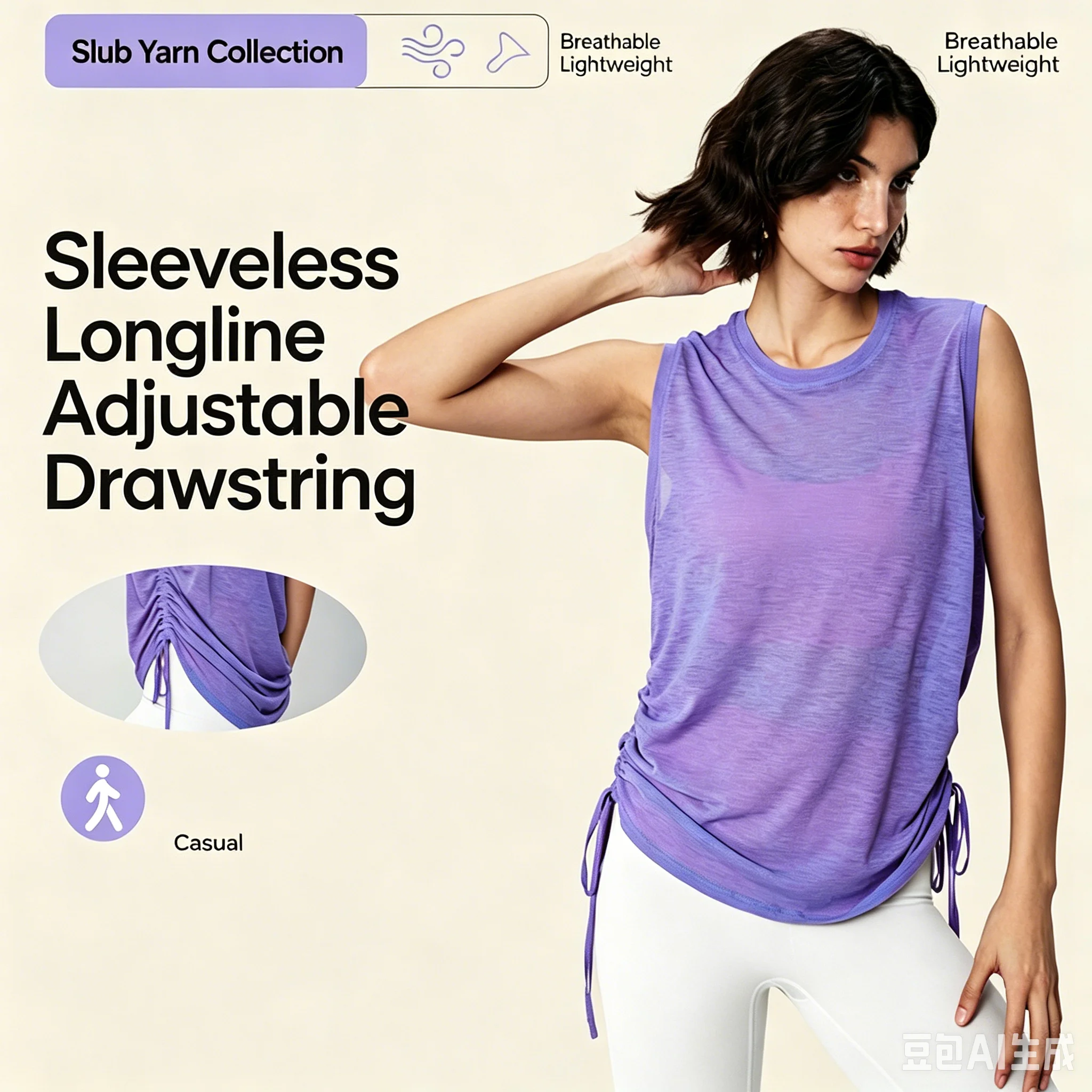 Women's Flattering Fit Sleeveless Workout Tank Cooling Slub Drawstring Hem for Yoga Gym Daily Wear
