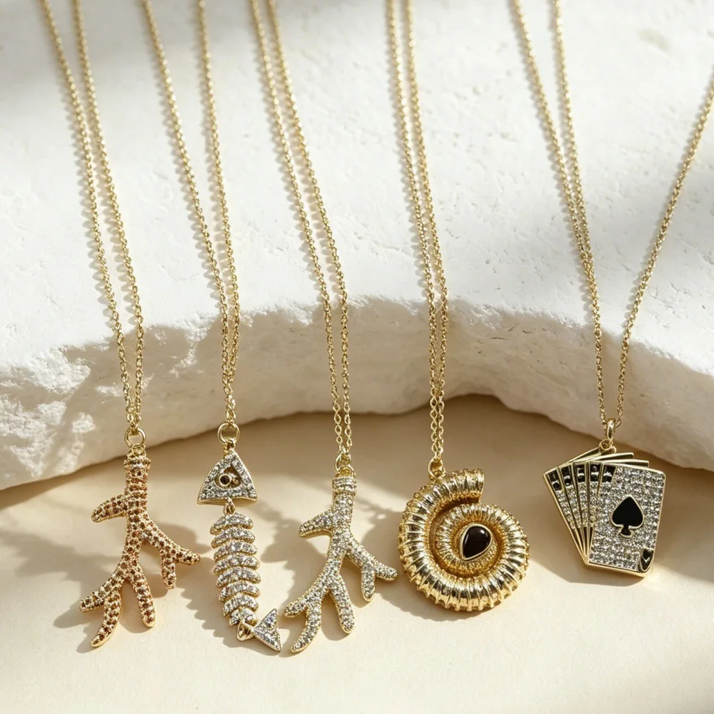 Ocean series diamond necklace, coral fish bone, conch, spade poker light luxury collarbone chain