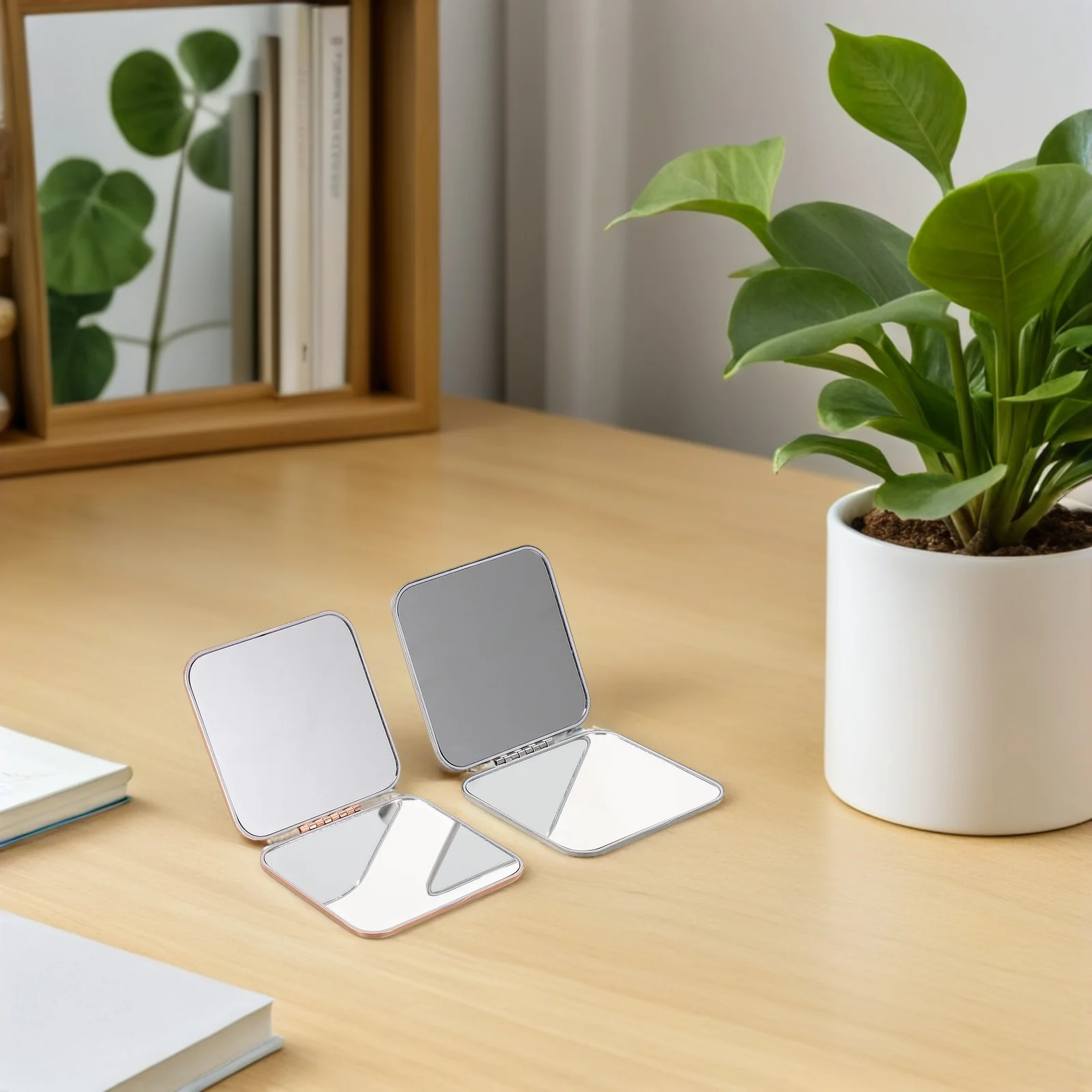 2 قطعة مرآة مكياج مدمجة قابلة للطي معدنية محمولة مزدوجة اللون لمحفظة السفر مرآة يد صغيرة من الكروم الذهبي الوردي