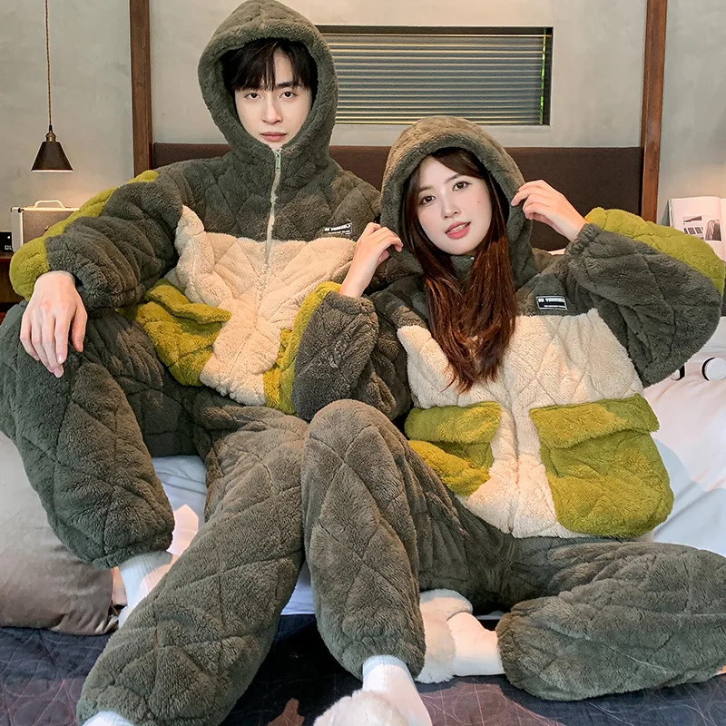 Winter Models Coral Velvet Couple Pyjamas Women Three Layers Of Laminated Cotton Padded Thickened Flannel Men's HomeweR Suit