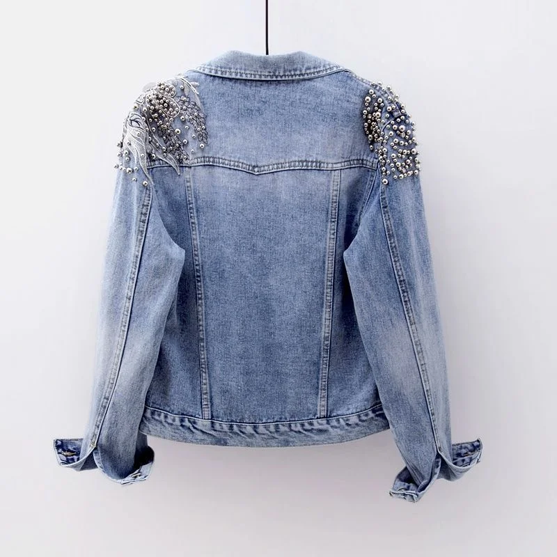 Vintage Blue Beading Embroidery Denim Jacket Coat Women Slim Short Cowboy Outerwear Big Pocket Long Sleeve Jeans Jacket Female