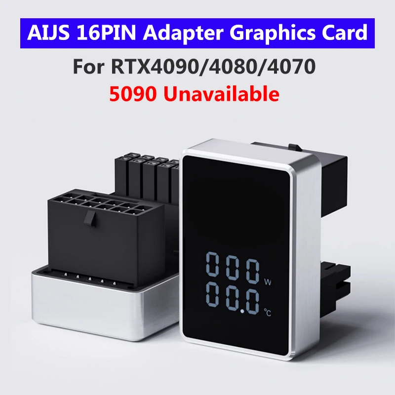 AIJS RTX4090/4080/4070 16Pin Graphics Card Adapter for Power Adapter with Real-Time Wattage Display 180 Degree Angled