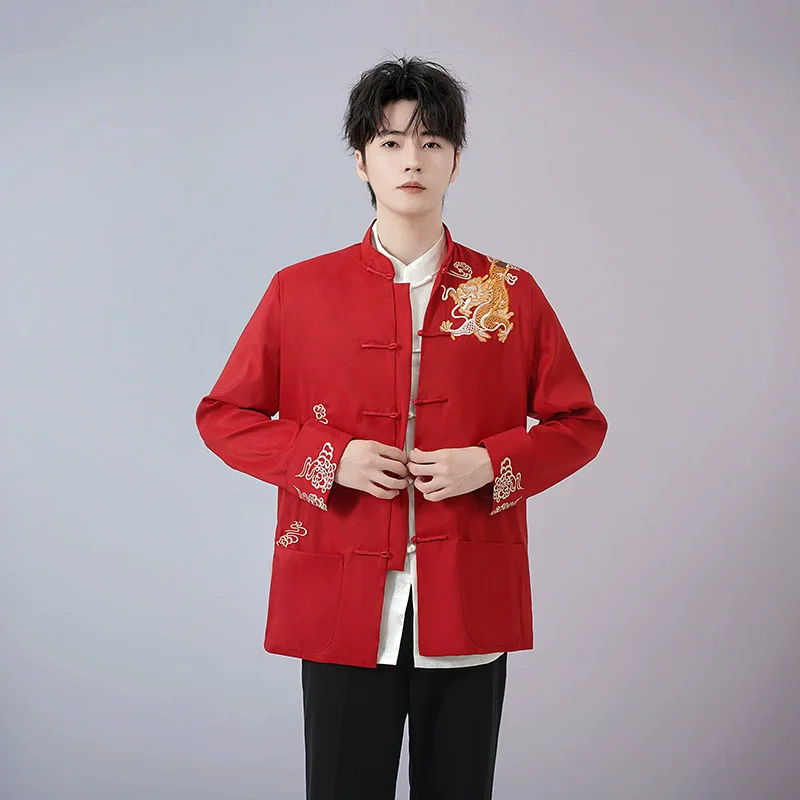 Chinese Hanfu Tang Clothes Satin Kung Fu Tai Chi Shirt Men Long Sleeve Chesongam Top Embroider Dragon Jacker Festival Gift