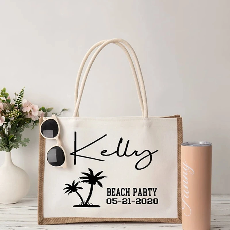 Custom Beach Burlap Tote Bags Personalized Bridesmaid Bachelorette Bridal Party Girls Trip Gifts Canvas Jute Tote Shopper Bags