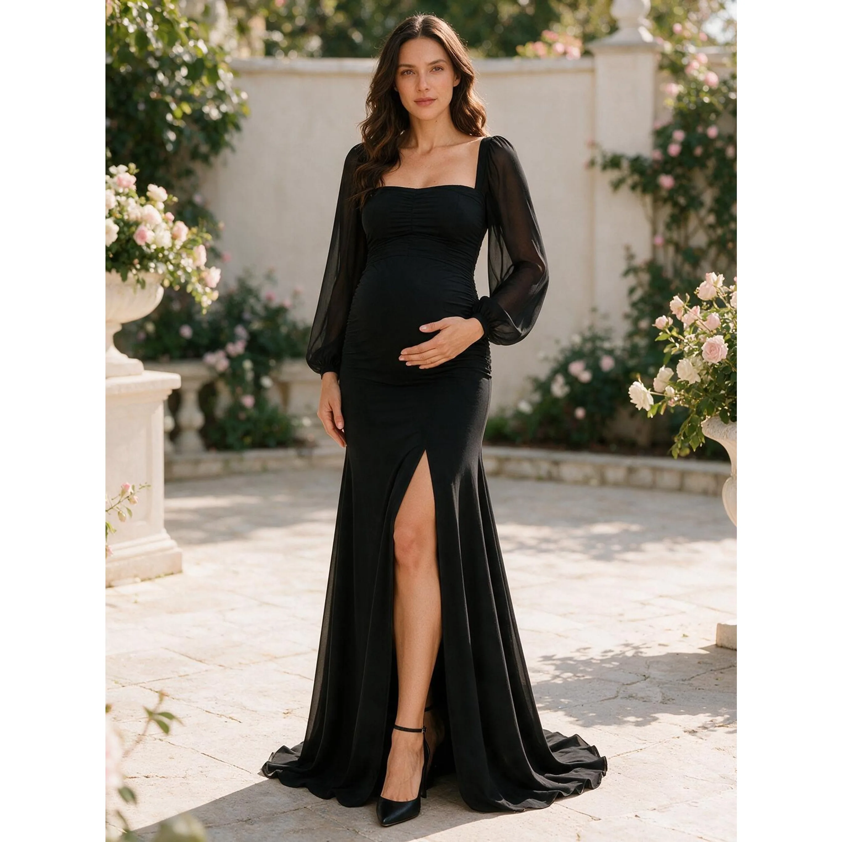 Ruched Black Mermaid Maternity Gown High Slit Sheer Sleeve Baby Shower Dress