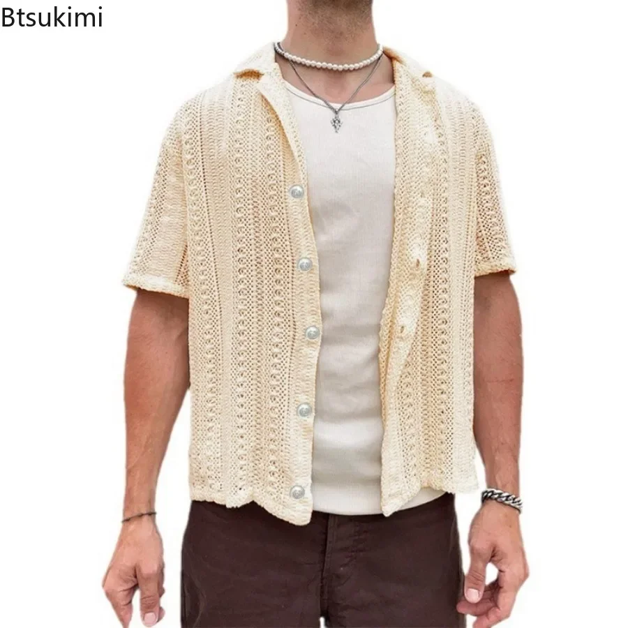 2025 Men\'s Hollow Out Knitted Shirts Summer Breathable Solid Vintage Knit Cardigan Men Casual Short Sleeve T-shirt Beach Tops