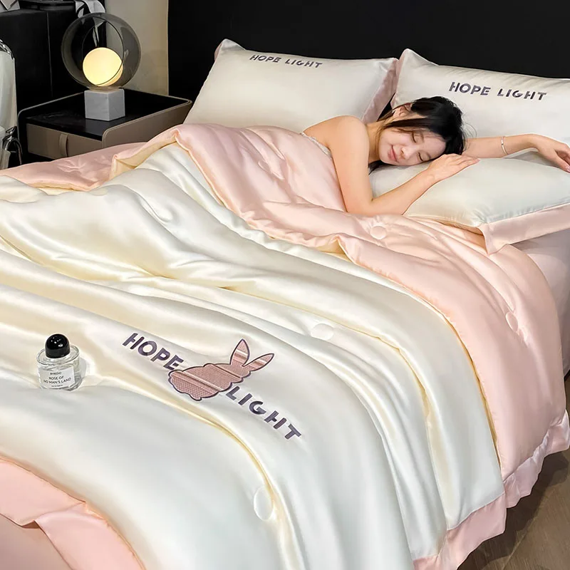 European Ice Silky Embroidery Summer Quilt High-End Naked Sleep Satin Air Conditioner Comforter Super Soft Cooling Thin Blanket