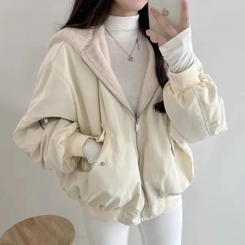 Chic automne hiver Double face porter fourrure d'agneau doublé longue Sve à capuche coton Jaet femmes coupe ample coréen Sle trajet