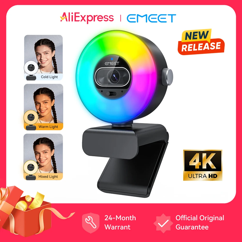 Webcam 4K avec éclairage 1080P60fps Caméra vidéo autofocus EMEET S600 Light Caméra USB 8MP 73 ° Caméra Web de streaming FOV pour