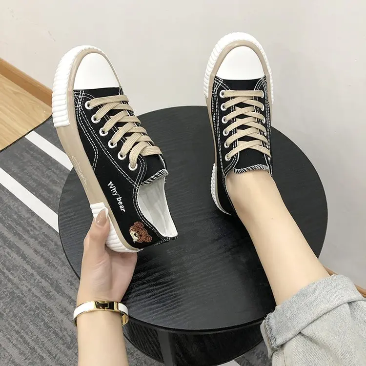 Low/High-top Canvas Shoes for Women Sneaker Cute Bear Lace Up Flat Casual Fashion Breathable Running Vulcanize Shoe