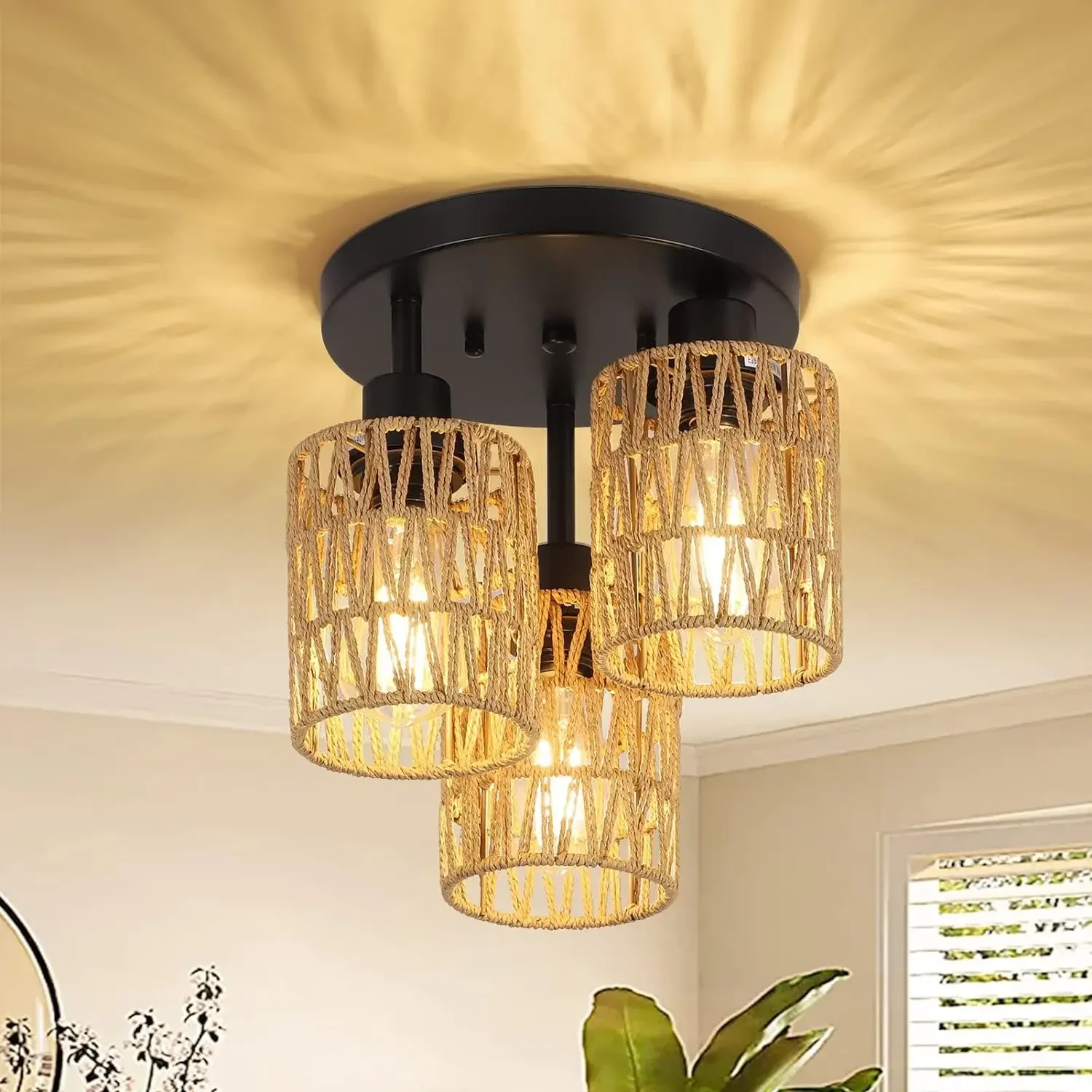 3-Lights Semi Flush Mount Ceiling Light Fixtures Ceiling Mount Farmhouse Rattan Chandelier Hand Woven Cage Shade