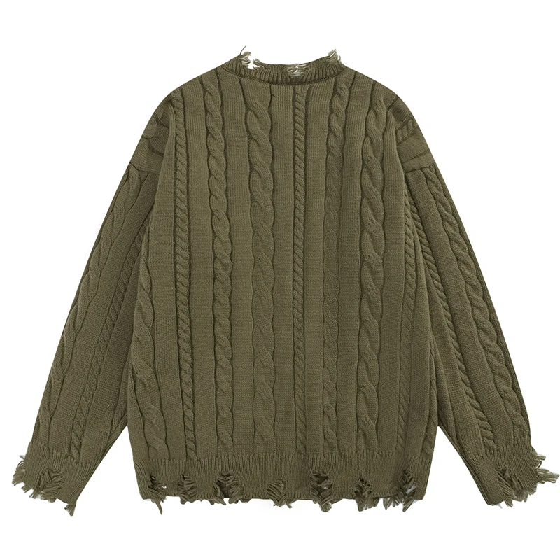 سترات خريفية محبوكة للرجال بلوفرات ممزقة دافئة عتيقة 2025 ملابس الشارع الشهير Harajuku ملابس تريكو فضفاضة غير رسمية