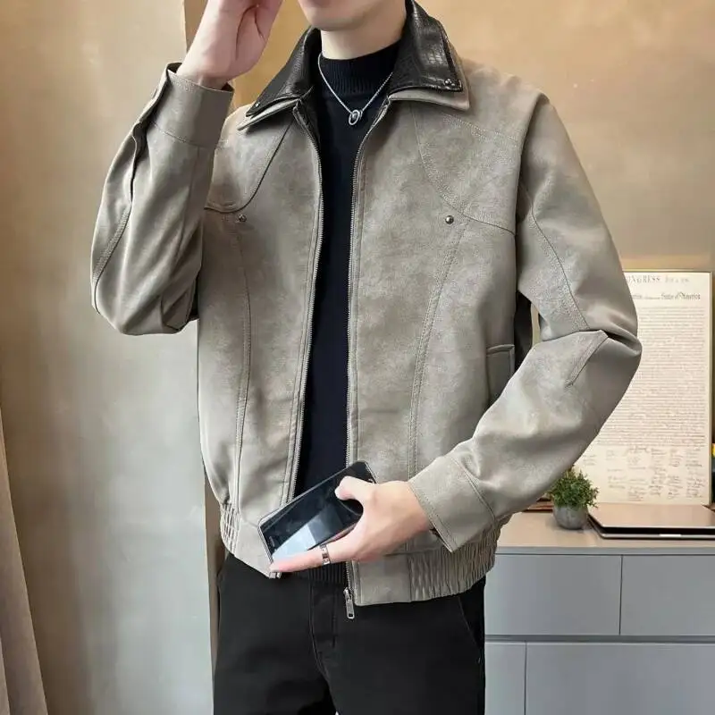 الخريف رجل سترة جلدية خمر الشرير التباين اللون المرقعة رفض طوق الذكور معطف طويل الأكمام يندبروف الرجال ملابس خارجية
