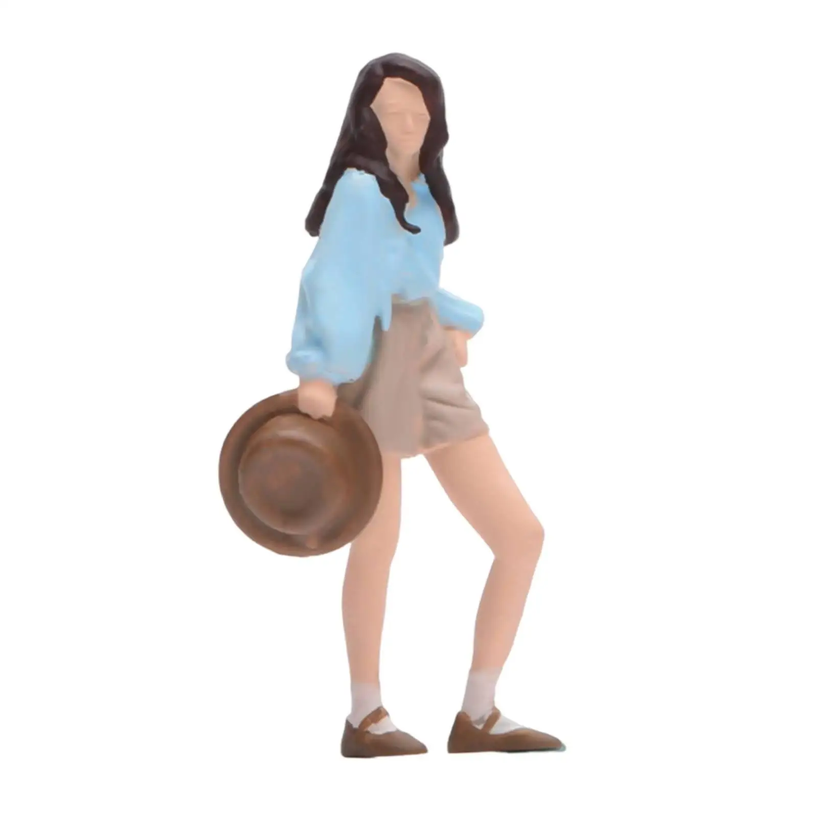 1/64 Scale Girl with Hat Model Collectible Dioramas Photo Prop with Long Hair 3D Character Model for DIY Scene Train Layout