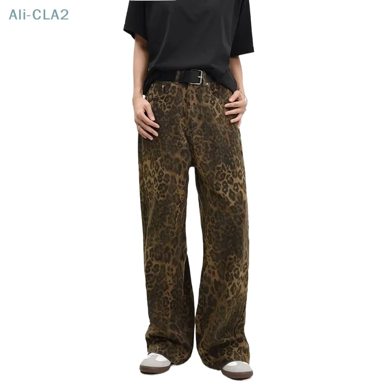 

Tan Leopard Jeans Women&Men Denim Pants Female Large Wide Leg Trousers Street Wear Hip Hop Vintage Cotton Loose Casual