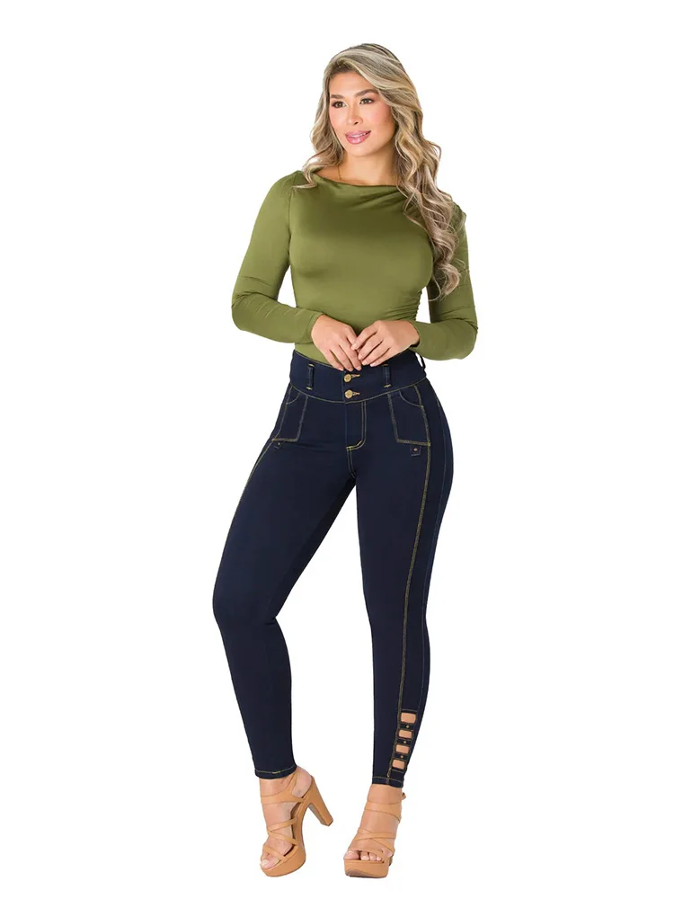 

Женские модные темно-синие бусины с пряжкой спереди, инкрустированные эластичными бусинами с высокой талией, подтягивающими бедрами, облегающие повседневные джинсы с девятью точками