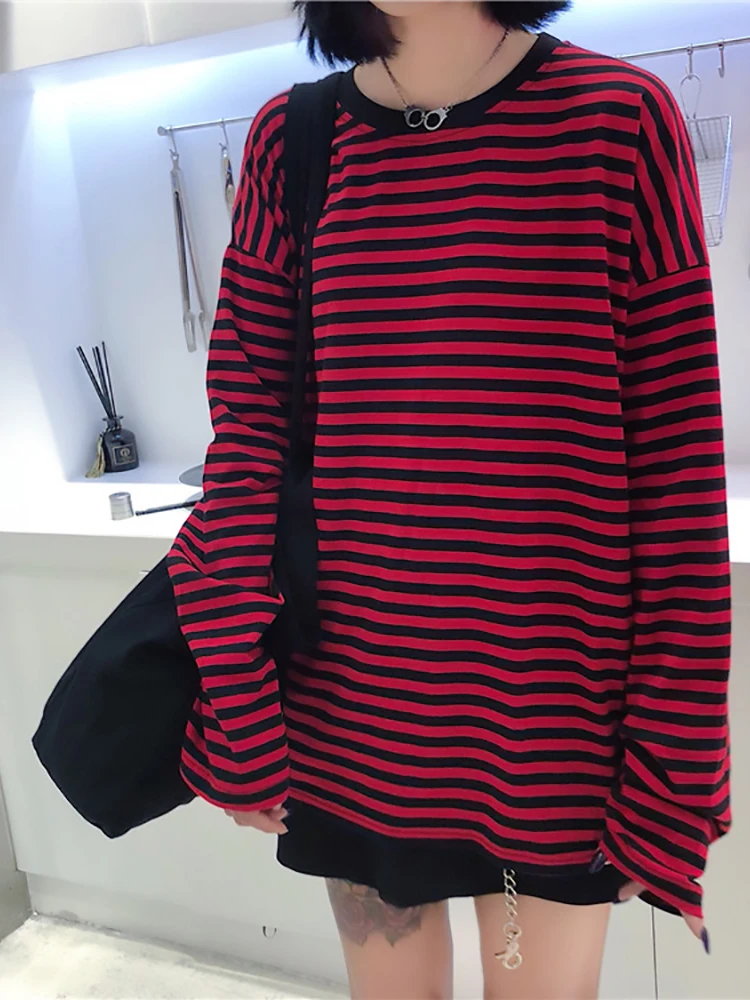 【24hour Fast Shipping】Women New Fashion Brand Vintage Black Red Stripe Harajuku O-neck Long Sleeve T-shirts Female Casual Tshirt